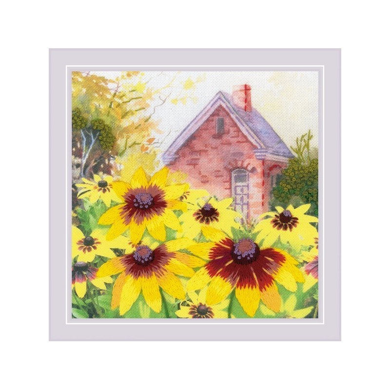 Borduurpakket Rudbeckia in de tuin. Satijnsteek