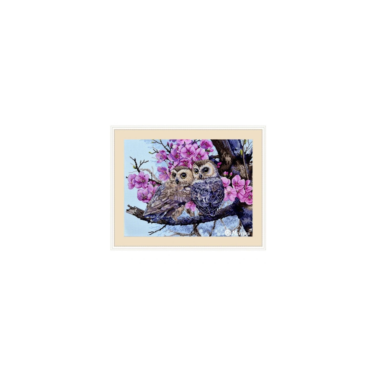 Merejka Kit de broderie « Deux hiboux en fleurs printanières »