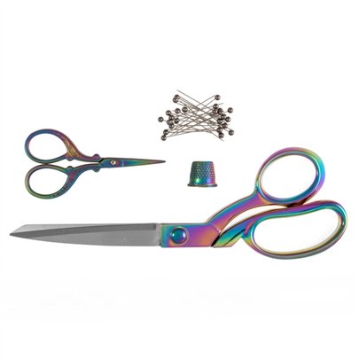 Scharenset stofschaar - borduurschaar - vingerhoed regenboog
